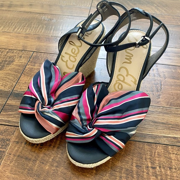 Sam Edelman Shoes Wedge Heels Aubrey Bow Stripe 6.5 Hot Pink Espadrille Peep Toe - Picture 2 of 6